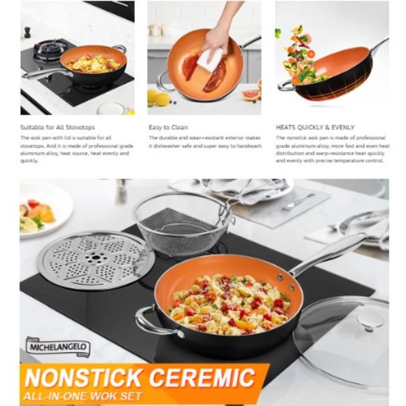 MICHELANGELO: 5 Qt/11" - Nonstick Wok/Stir Fry Pan w/ Lid + Basket + Steam Rack - Picture 9 of 11